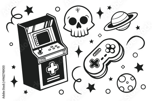 62 Retro gaming icons, black and white illustration, arcade cabinet with skull, vintage game controller, floppy disk in space, classic handheld game device, spooky skulls, stars and planets, nostalgic