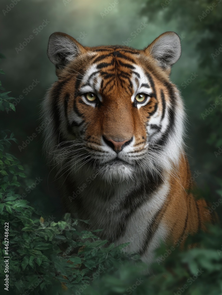 Obraz premium Majestic Tiger Portrait: Serene Gaze in Lush Forest