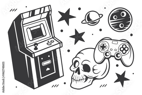 62 Retro gaming icons, black and white illustration, arcade cabinet with skull, vintage game controller, floppy disk in space, classic handheld game device, spooky skulls, stars and planets, nostalgic