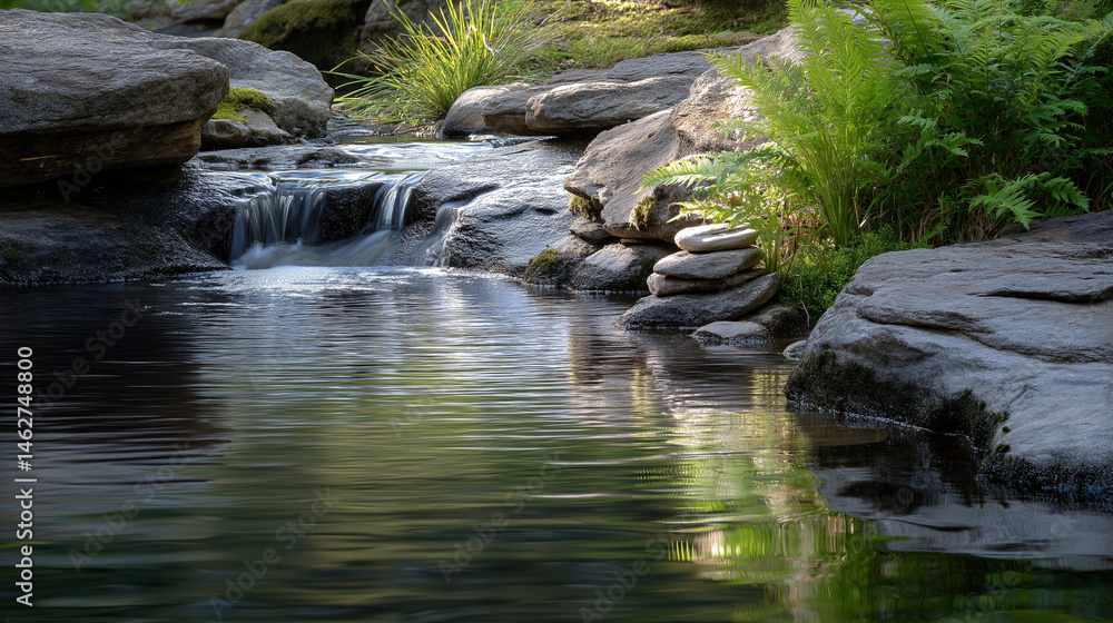 Tranquil pond at dawn with cascading waterfall and lush greenery