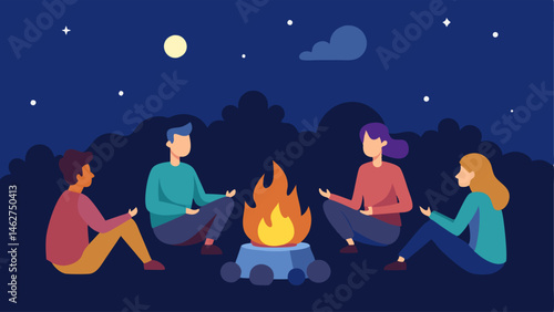 Friends hosting a backyard bonfire roasting marshmallows telling stories and enjoying each others company under a starlit sky.