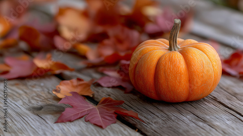Vibrant pumpkin with autumn leaves on rustic wood surface