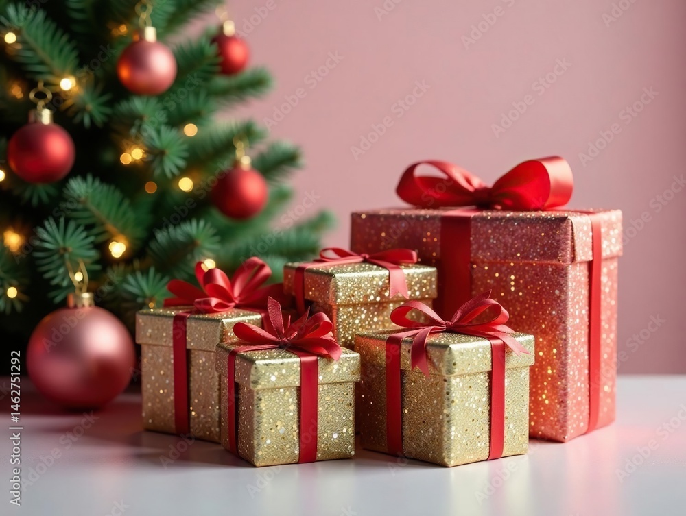 Obraz premium Sparkling gift boxes, satin bows, Christmas tree, bow, satin