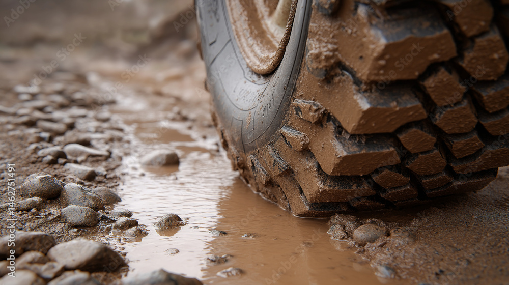 Off-road vehicle tire in thick mud showcasing rugged tread detail