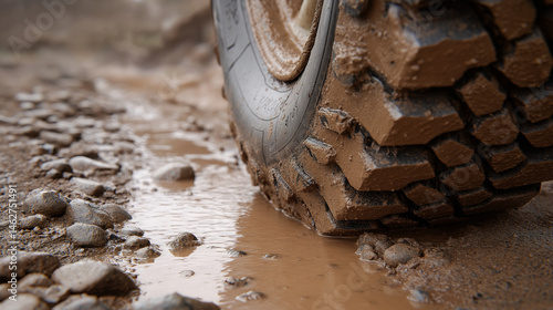 Obraz na płótnie Off-road vehicle tire in thick mud showcasing rugged tread detail w salonie