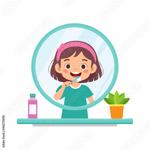 A minimal flat vector of a happy child brushing teeth with a toothbrush and toothpaste in front of a bathroom mirror, white background
