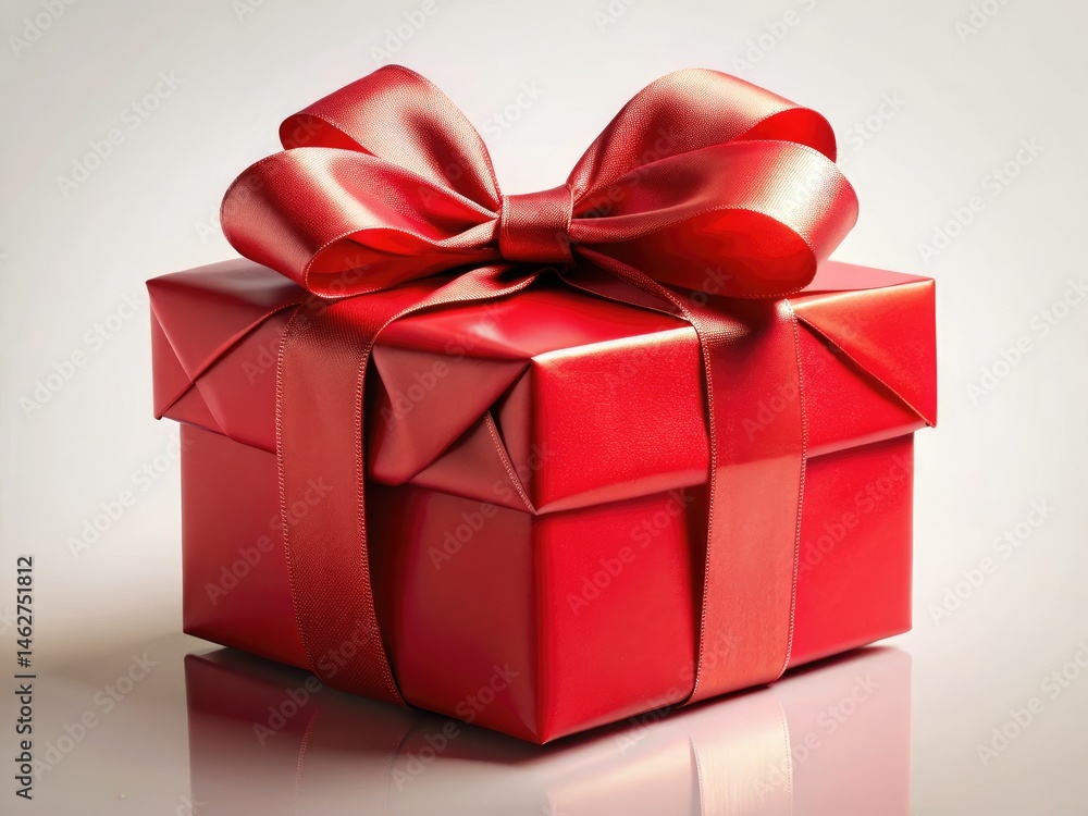 Fototapeta premium Red Gift Box with Ribbon: Festive Holiday Present, Christmas Gift Packaging, Birthday Gift Ideas, Elegant Bow, Red Packaging Design