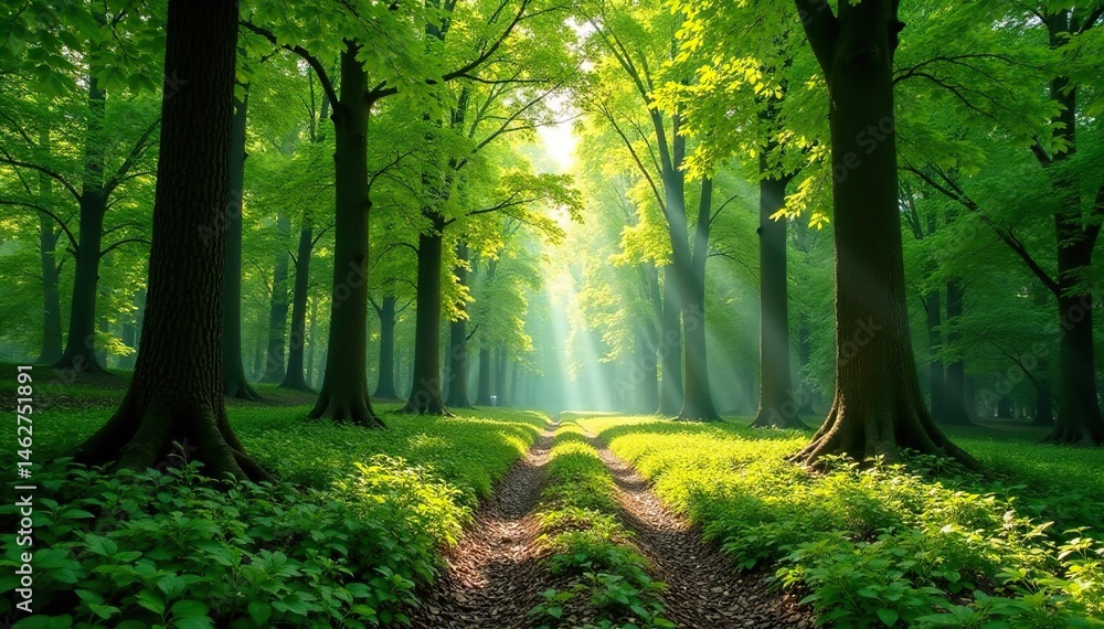 Naklejka premium Sun-dappled beech forest floor, lush green canopy, flora, biodiversity