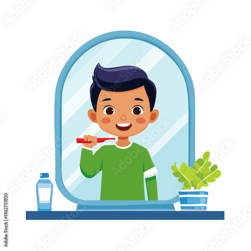 A minimal flat vector of a happy child brushing teeth with a toothbrush and toothpaste in front of a bathroom mirror, white background