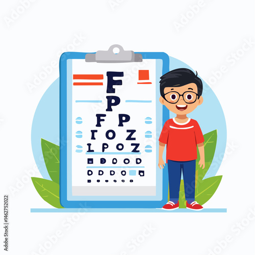A minimal flat vector of a child standing in front of an eye chart during a vision test with an optometrist, white background