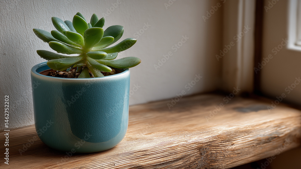 Green succulent in teal ceramic pot on wooden shelf with natural light
