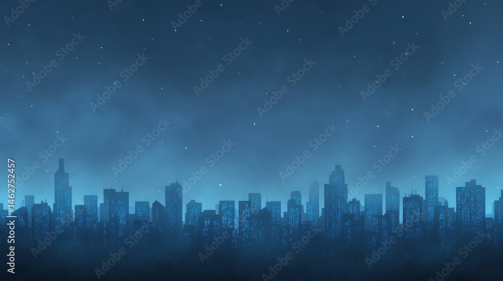 Obraz premium Night city skyline, hazy, starry sky.