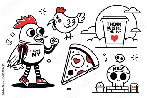 64 Funky cartoon illustrations, black and white with red accents, quirky characters, coffee cup, pizza slice, alien, rooster, bug, UFO, I love NY t-shirt, heart symbol, skull, Think outside the box te