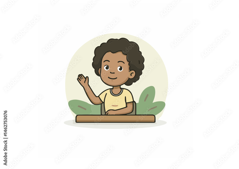 Smiling child raising hand at desk in cartoon classroom setting Smiling child raising hand at desk in cartoon classroom setting