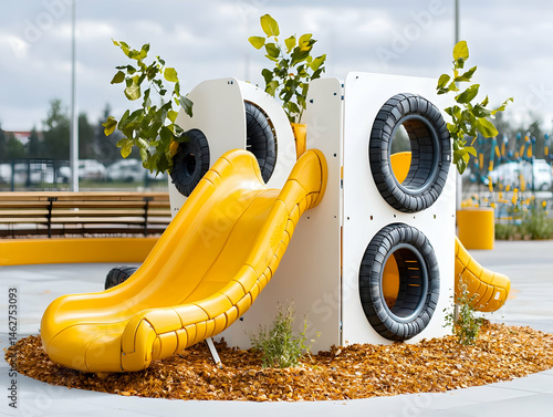 Wallpaper Mural A vibrant yellow slide integrates with white panel structures incorporating recycled tires and green plants creating a sustainable modern children's play area perfect for urban parks or nature-themed  Torontodigital.ca