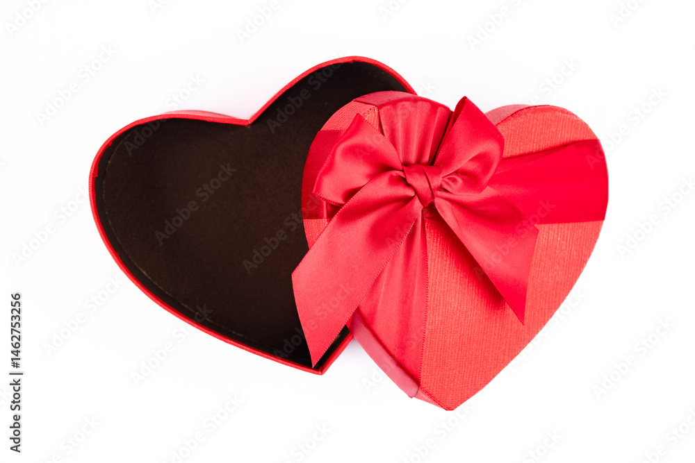 Red and heart shaped chocolate or candy box on white background