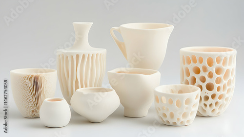 Wallpaper Mural A collection of handcrafted ceramic vessels displaying diverse organic textures and forms. Ideal for minimalist decor or artistic display. Torontodigital.ca