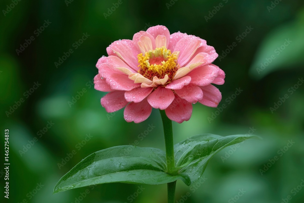 Obraz premium Dew-Kissed Zinnia: A Serene Floral Portrait