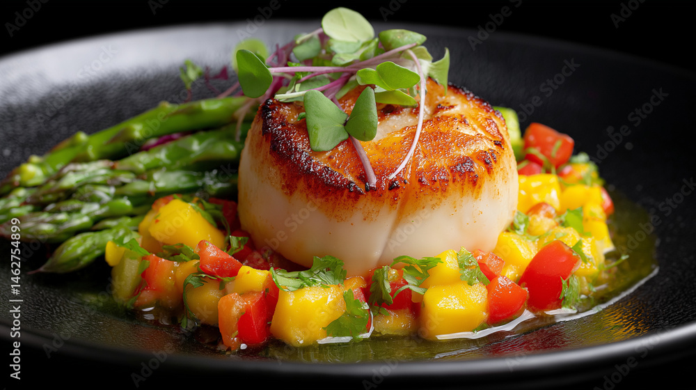 Perfectly Seared Scallop with Mango Salsa and Asparagus