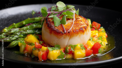 Obraz na płótnie Perfectly Seared Scallop with Mango Salsa and Asparagus w salonie