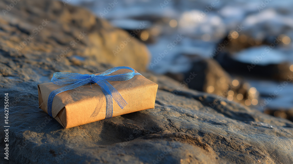 A gift on ocean rocks with sunset shadows and gentle breeze