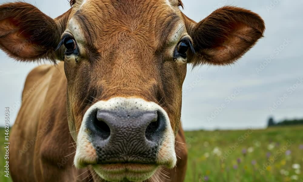 Close-up of brown cow in green field Close-up of brown cow in green field