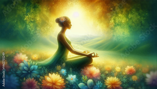 A meditating girl sits in a lotus position among colorful flowers in a magical clearing against the backdrop of a magical forest and the sun. Colorful cartoon-style illustration. Vector graphics. EPS.