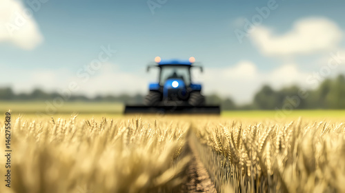 A blue tractor works in a golden wheat field under a partly cloudy sky, representing modern agriculture and rural life.
