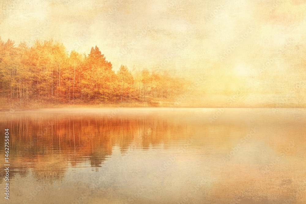 Fototapeta premium Serene autumn landscape: Golden trees reflected in a calm lake under a hazy sky.