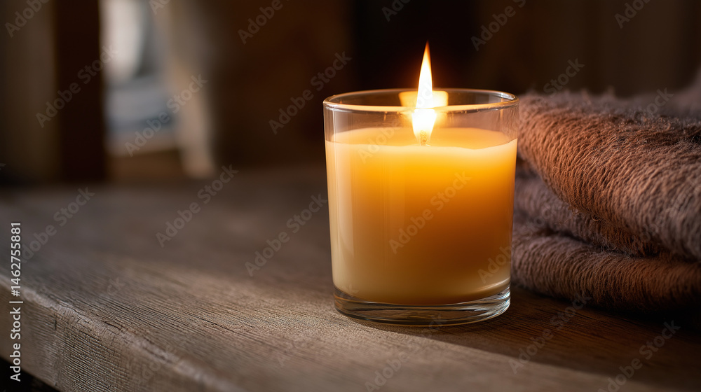 Cozy candle with warm glow on textured wooden surface