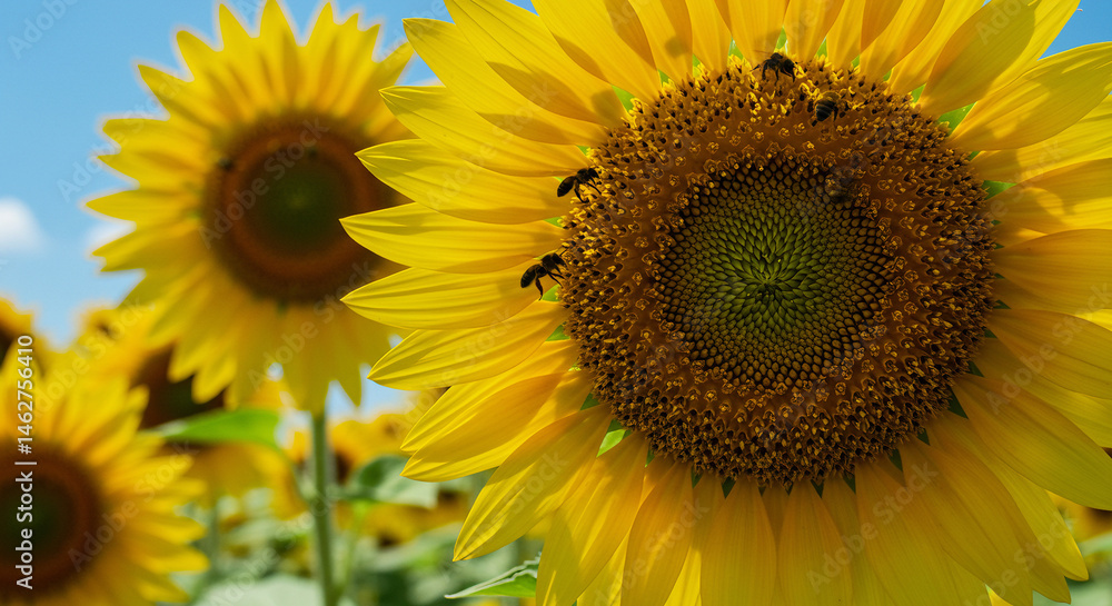 Obraz premium Summer - Close-up of sunflowers in full bloom under a bright summer sky, with bees pollinating the flowers.