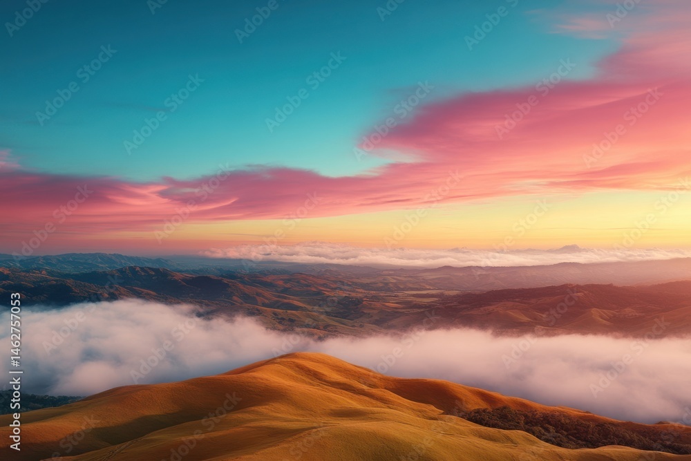 Fototapeta premium Vibrant sunset over rolling hills and valleys with colorful clouds and mist