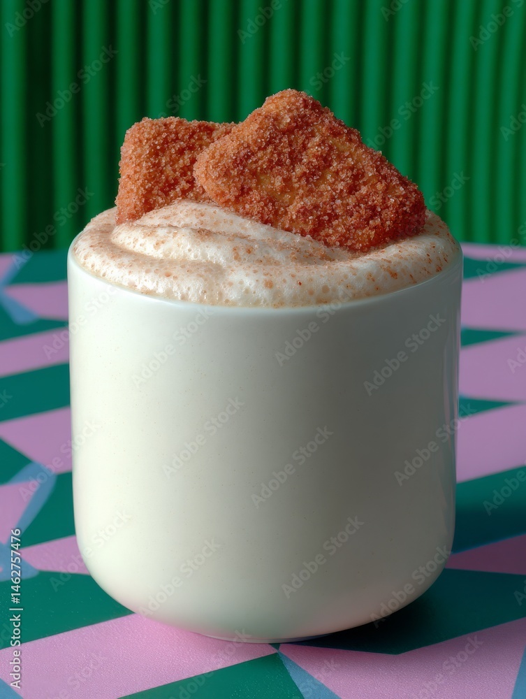 Cappuccino with latte art in a brown cup on a textured background with copy space.