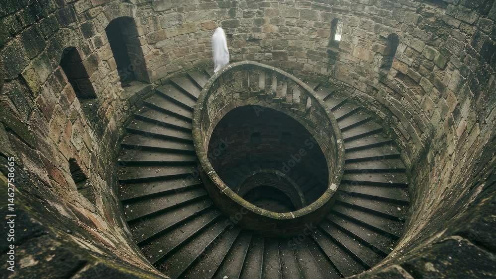 A woman in a white sheet descends the spiral staircase of an old castle. Ghostly figure in ancient stone tower for halloween and mystery concept. A woman in a white sheet descends the spiral staircase of an old castle. Ghostly figure in ancient stone tower for halloween and mystery concept.