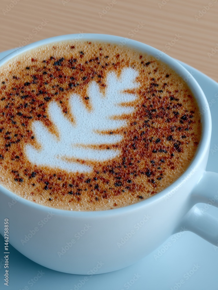 Cappuccino coffee with latte art in a brown cup, with a sprig of mint on a marble background.