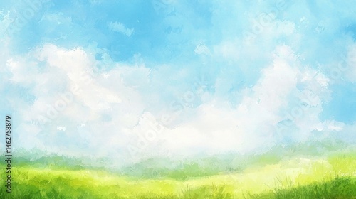 Lush green fields stretch under a bright blue sky with fluffy white clouds. The scene captures the beauty of nature during a sunny spring day, inviting relaxation and peace