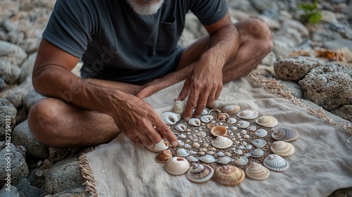 Coastal shells pattern featuring sun-weathered hands arranging diverse seashells in organized grid on natural linen against textured rocky shoreline