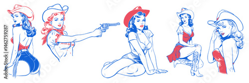 A set of vintage retro pin up style woman wearing western cowboy costume. line art illustration style