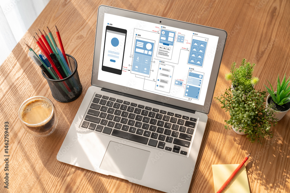 Fototapeta premium UX UI design process for modish mobile application and website . Creative prototype of wireframe for professional app developer .