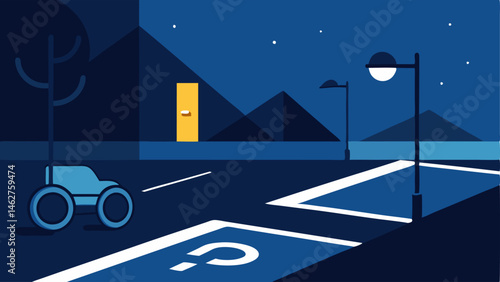 Lighting At Night An illustration of an accessible parking area with adequate lighting at night ensuring visibility of the signs and pathways.
