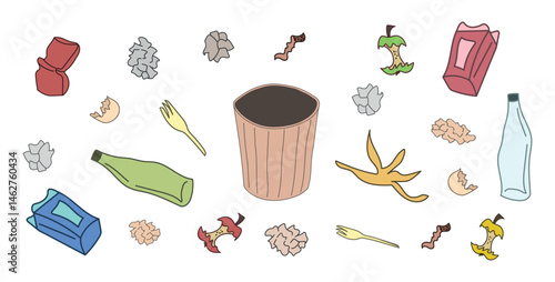Set of Garbage Bin with Various Waste trash Items. Crumpled Paper, Banana Peel, Apple Cores, Broken Bottles. Concept of Recycling, Waste Management, Environmental Awareness, Cleanup. White Background