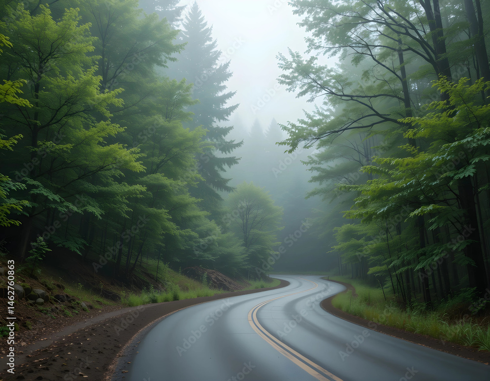 Naklejka premium A winding road through a forest, foggy and dense trees with green foliage, serene atmosphere, beautiful nature photography
