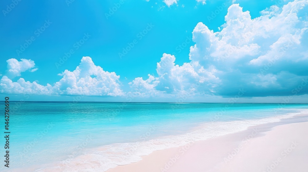 Fototapeta premium Turquoise Ocean Meets Sandy Shore Under a Cloudy Blue Sky on Bright Sunny Day