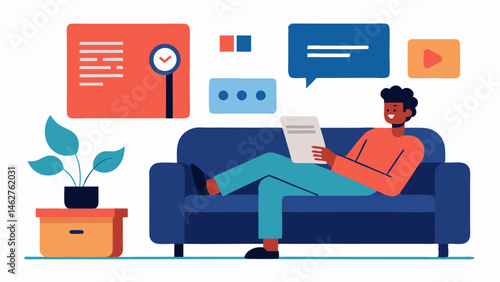 News Update A person is relaxing on a couch with a voice assistant next to them. The assistant is displaying news headlines while the person seems engaged and listening.