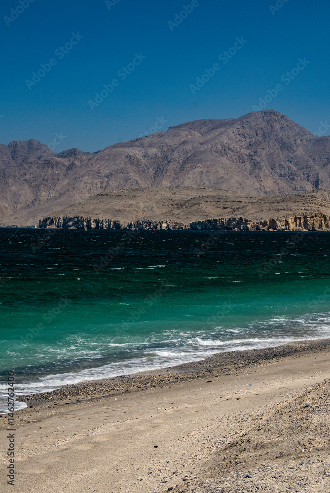 Oman, Middle East, 03-06-2025: view of Bassa beach, the beach near the city of Khasab in the Musandam Peninsula (Ruus Al Jibal), the northeastern point of the Arabian Peninsula