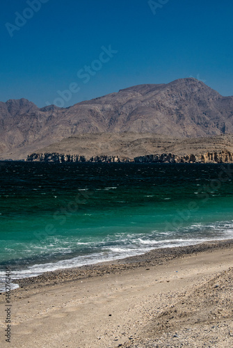 Oman, Middle East, 03-06-2025: view of Bassa beach, the beach near the city of Khasab in the Musandam Peninsula (Ruus Al Jibal), the northeastern point of the Arabian Peninsula