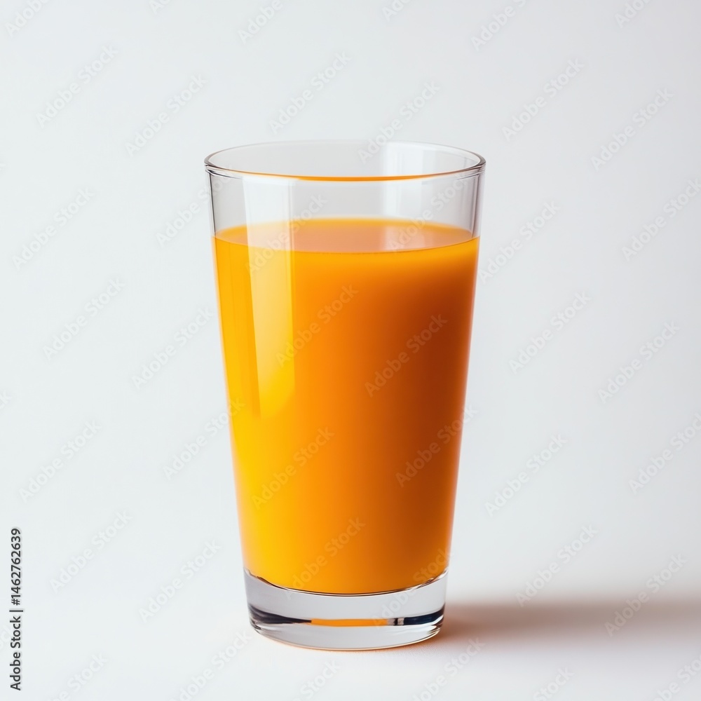 Tall glass filled with orange liquid on white background Tall glass filled with orange liquid on white background