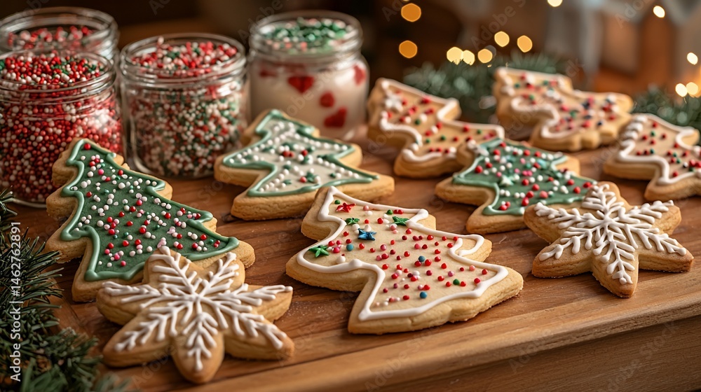Festive Christmas cookies decorated with frosting and sprinkles Festive Christmas cookies decorated with frosting and sprinkles