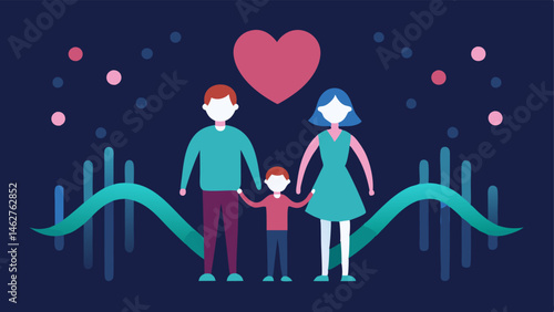 Future Generations A depiction of a happy family with children with glowing heart symbols around them indicating the promise of health through genetic modification set against a