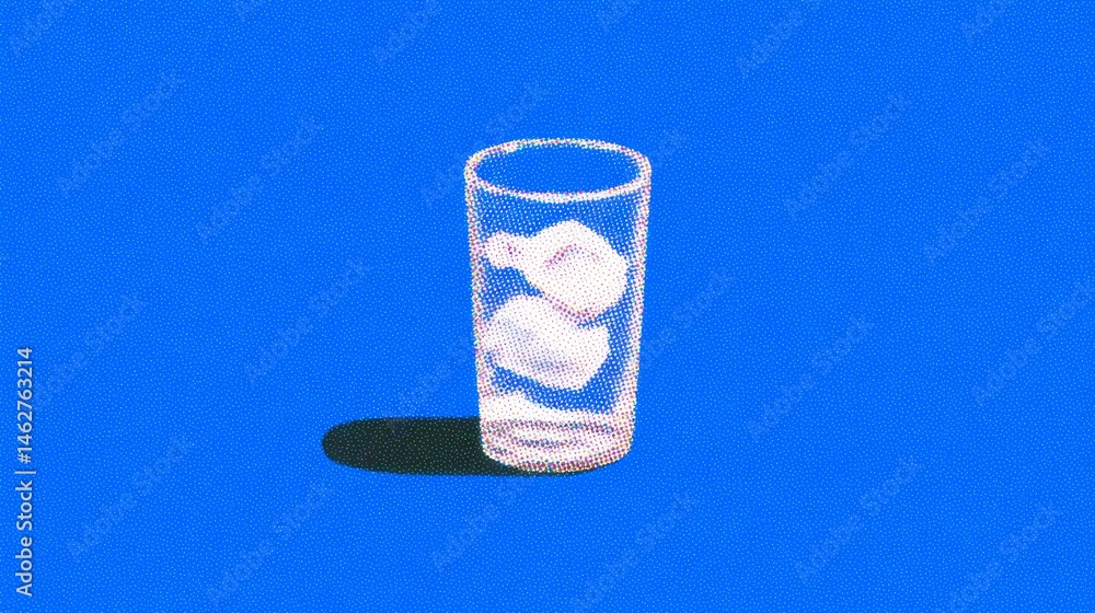 A close-up of a glass of water with a melting ice cube and decorative space.
